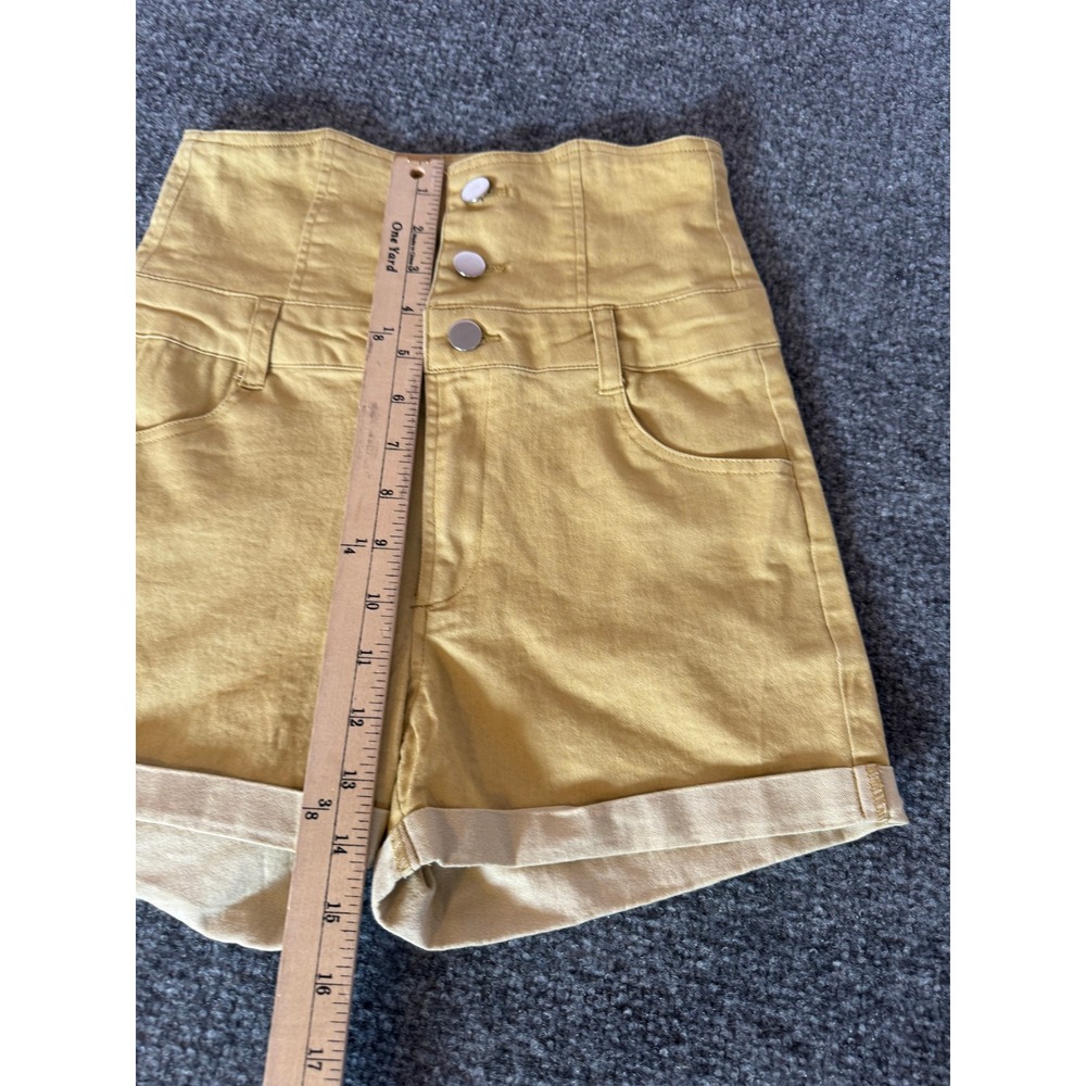 FAVLUX Mustard Yellow High Waisted Triple Button Fly Cuffed Shorts Womens SZ S - Picture 6 of 13
